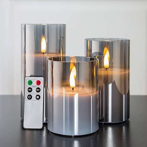 Eywamage Smoke Grey Glass Flameless Candles with Remote Battery Operated Flickering LED Pillar Candles Set of 3.-image