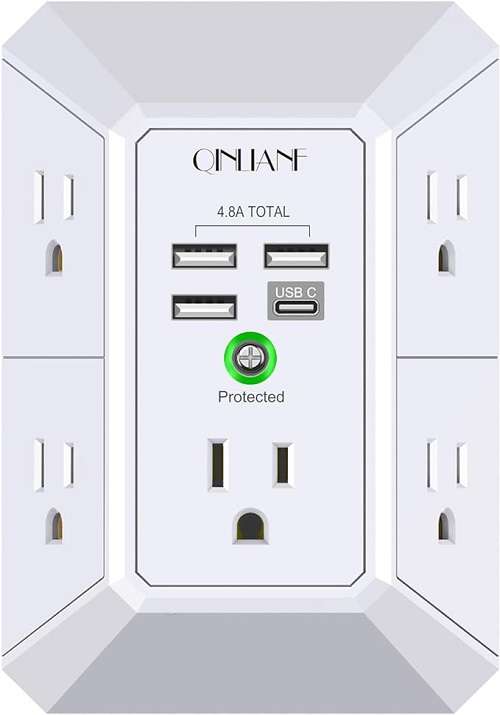 Wall Charger, Surge Protector, QINLIANF 5 Outlet Extender with 4 USB Charging Ports (4.8A Total) 3-Sided 1680J Power Strip.-image