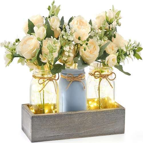 Mkono Mason Jar Lights Centerpiece Table Decorations for Farmhouse Coffee Table Wood Tray 3 Jars Flowers.-image