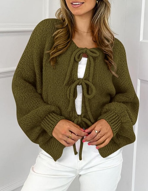 Women's Tie Front Bow Cardigan Sweaters Chunky Knit.-image